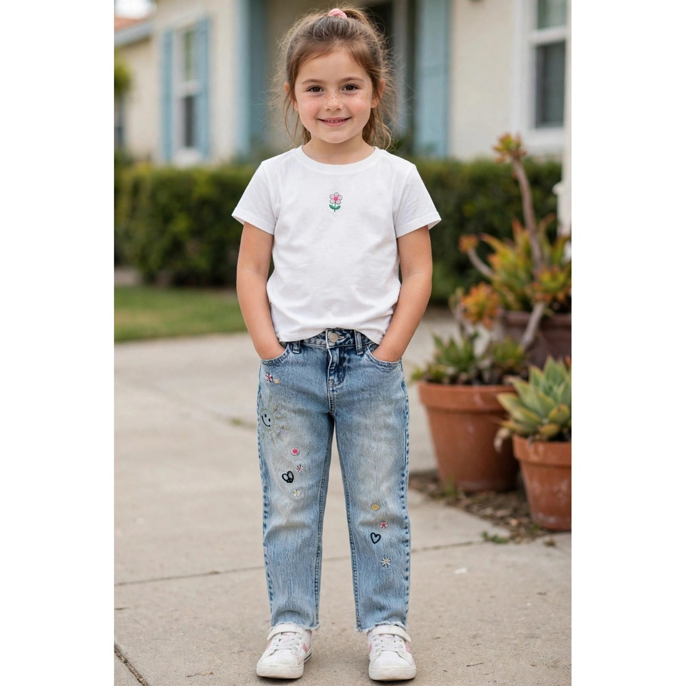Cat & Jack Girls 6 Straight Ankle Jeans Stretch Distressed Embroidered Denim
